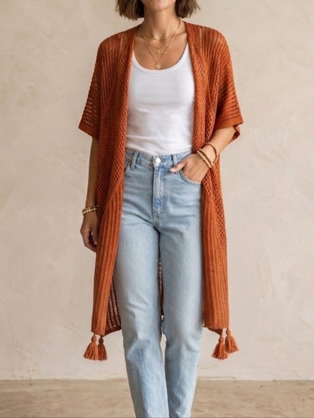 Steve Madden Boho Rust Orange Crochet Open Front Longline Kimono Duster One Size